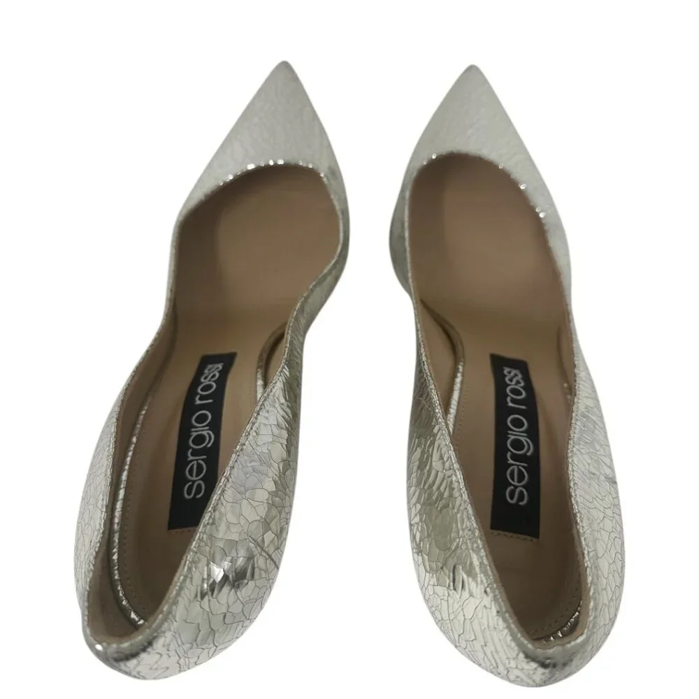 Sergio Rossi Godiva Platinum Mirror Grained Leather Pointed Toe 90mm Pumps 10